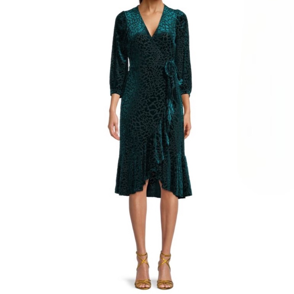 Calvin Klein | Dark Green Burnout Velvet Puff-Sleeve Dress Size 8 - Picture 11 of 12